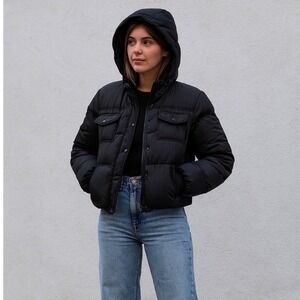 J crew womens black hooded button down puffer warm winter jacket coat size small